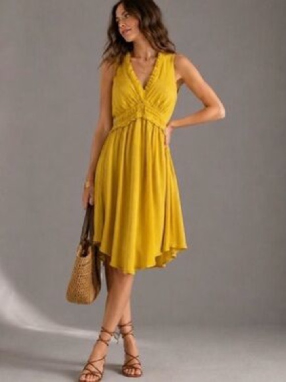Maeve Anthropologie La Habana Ruffle Smocked Waist Midi Dress | Mustard | Medium